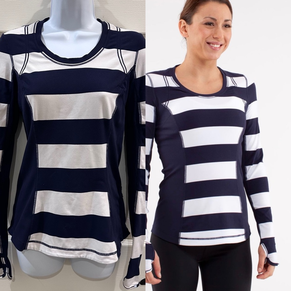 Lululemon Run: Switch Back Long Sleeve Wide Stripe White Deep Indigo XXS